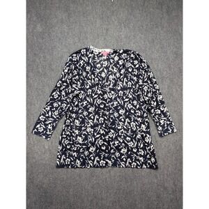 Woman Within Cardigan 1X 22/24 Floral Navy 3/4 Sleeve‎ Button Mature Classic